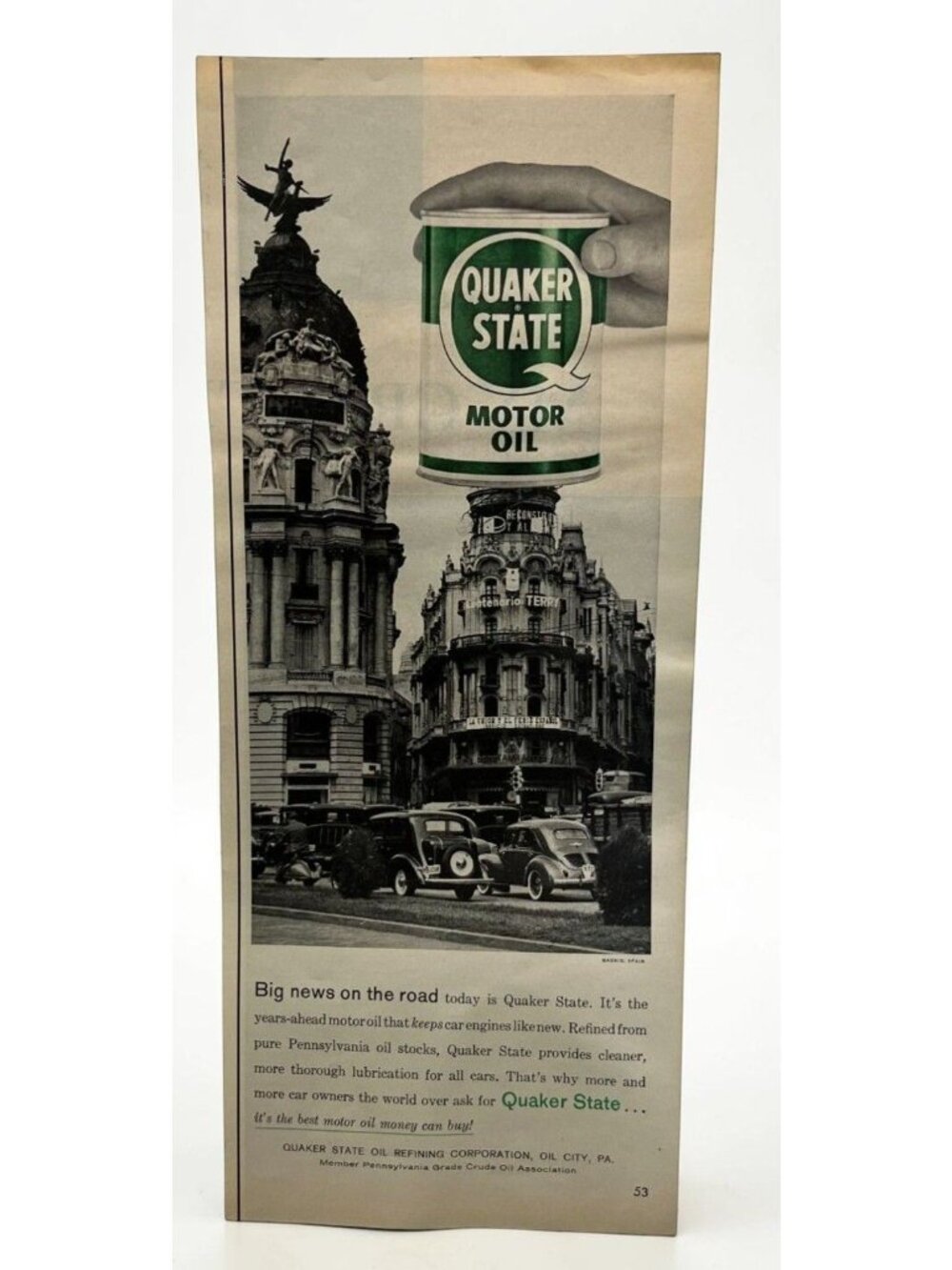 Quaker State Motor Oil Vintage Print Ad 1950s Madrid Spain Architecture Cars